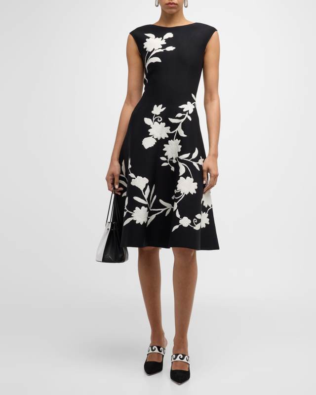 Flare Knit Midi Dress with Floral Detail